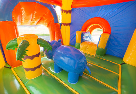 Oplaasbaar overdekt multifun super springkussen met glijbaan in thema rhino kopen voor kinderen. Bestel springkussens online bij JB Inflatables Nederland