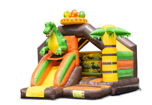 Opblaasbaar slide combo springkasteel met groene dinosaurus kopen voor kinderen. Bestel springkastelen in dinosaur thema bij JB Inflatables Nederland