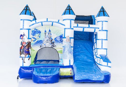 Klein overdekt opblaasbaar multiplay springkasteel met glijbaan bestellen in thema blauw wit kasteel voor kinderen. Koop opblaasbare springkastelen online bij JB Inflatables Nederland