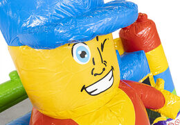 Kleine opblaasbare springkussen met glijbaan in thema superblocks voor kinderen te koop. Bestel opblaasbare springkussens met glijbaan bij JB Inflatables Nederland