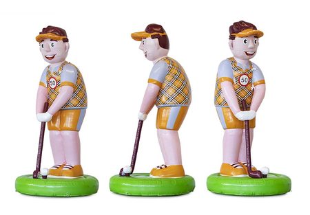 Op maat gemaakte opblaasbare abraham pop die aan het golfen is bestellen bij JB Promotions en JB Inflatables