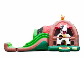 Groot opblaasbaar overdekt multiplay super springkussen met glijbaan kopen in thema boerderij farm voor kinderen