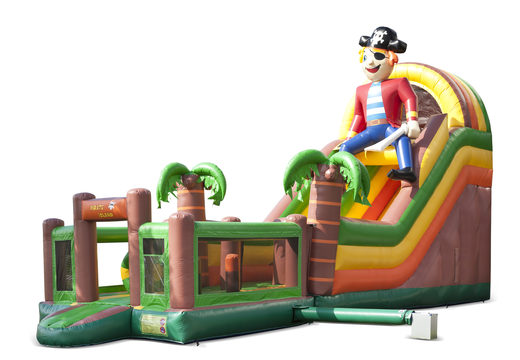 Bestel opblaasbare multifunctionele glijbaan in thema piraat met een plonsbad, indrukwekkend 3D object, frisse kleuren en de 3D obstakels voor kinderen. Koop opblaasbare glijbanen nu online bij JB Inflatables Nederland