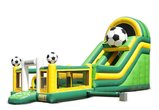 De opblaasbare glijbaan in voetbal thema met een plonsbad, indrukwekkend 3D object, frisse kleuren en de 3D obstakels bestellen voor kids. Koop opblaasbare glijbanen nu online bij JB Inflatables Nederland