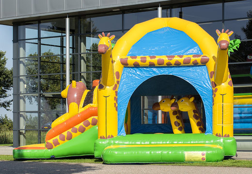 Bestel opblaasbaar multifun springkasteel met dak in thema nemo giraffe voor kinderen bij JB Inflatables Nederland. Koop springkastelen online bij JB Inflatables Nederland