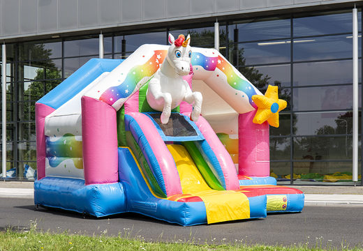 Bestel slide combo springkasteel in thema unicorn voor kinderen. Opblaasbare springkastelen met glijbaan te koop bij JB Inflatables Nederland