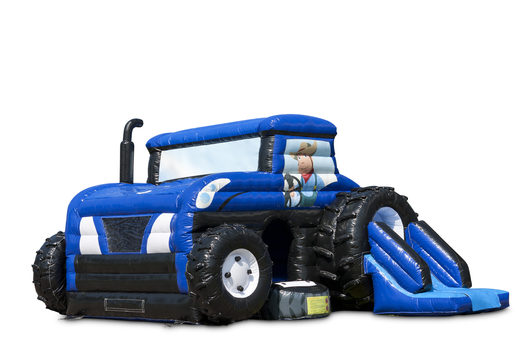 Opblaasbaar overdekt multiplay maxi multifun blauw springkussen met glijbaan kopen in tractor thema voor kinderen. Bestel springkussens online bij JB Inflatables Nederland