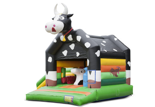 Opblaasbaar overdekt multiplay multifun springkussen met glijbaan kopen in thema koe voor kinderen. Bestel online springkastelen bij JB Inflatables Nederland