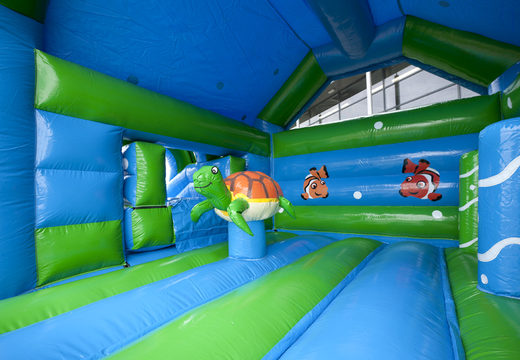 Overdekt multifun springkussen met glijbaan in thema turtle met 3D object aan de bovenkant bestellen voor zowel jonge als oudere kinderen. Koop springkussens online bij JB Inflatables Nederland