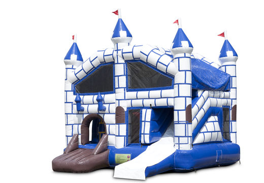 Koop middelmatig opblaasbare multiplay luchtkussen in kasteel thema met glijbaan voor kinderen. Bestel opblaasbare luchtkussens online bij JB Inflatables Nederland