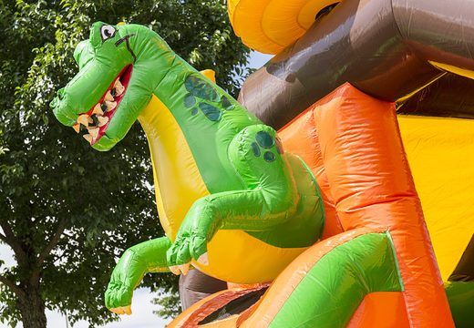 Opblaasbare slide combo springkussen met glijbaan en groene dinosaurus bestellen voor kinderen. Koop nu springkussens bij JB Inflatables Nederland