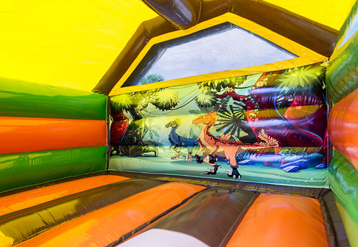 Opblaasbare slide combo luchtkussen met glijbaan te koop in dino thema voor kinderen. Bestel nu luchtkussens met groene dinosaurus bij JB Inflatables Nederland