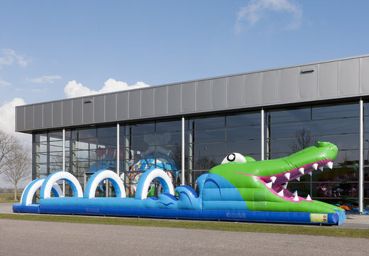 Spectaculaire opblaasbare krokodil buikschuifbaan 18meter lang met een extra brede baan bestellen voor kinderen. Koop opblaasbare buikschuifbanen nu online bij JB Inflatables Nederland