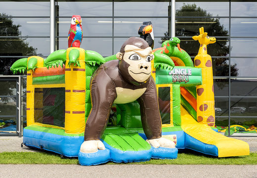Multiplay springkasteel met slide in thema safari gorilla bestellen voor kinderen. Koop opblaasbare springkastelen online bij JB Inflatables Nederland