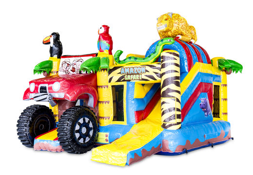 Springkussen in thema amazon safari met een glijbaan kopen voor kinderen. Bestel opblaasbare springkussens online bij JB Inflatables Nederland