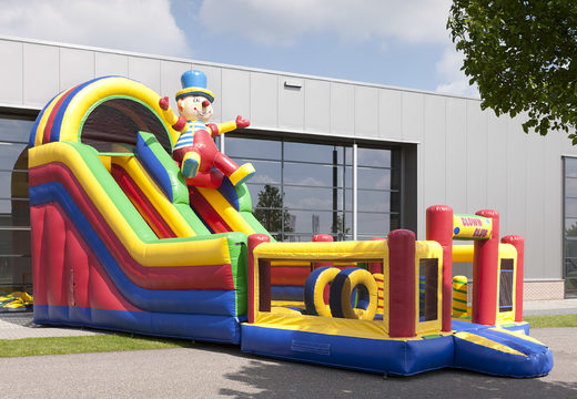 Inflatable multifunctional slide in clown theme with a splash pool, impressive 3D object, fresh colors and the 3D obstacles for children. Order inflatable slides now online at JB Inflatables UK