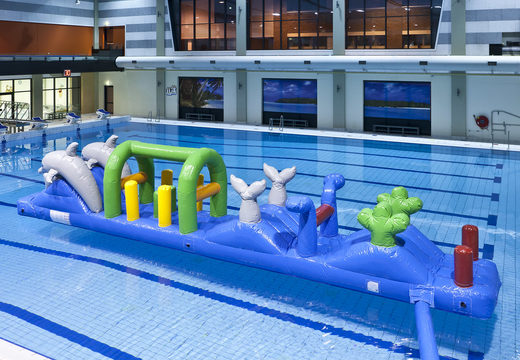 Koop luchtdichte zwembad run in thema dolfijn met uitdagende obstakel objecten voor kinderen. Bestel opblaasbare stormbanen nu online bij JB Inflatables Nederland 