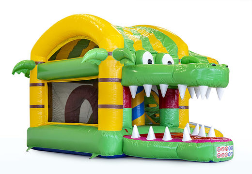 Multiplay krokodil springkussen met een glijbaan en 3D objecten kopen voor kids. Bestel opblaasbare springkussens online bij JB Inflatables Nederland