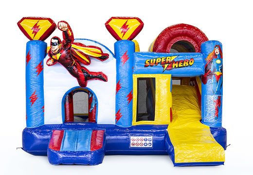 Multiplay springkasteel met slide in thema superheld bestellen voor kinderen. Koop opblaasbare springkastelen online bij JB Inflatables Nederland
