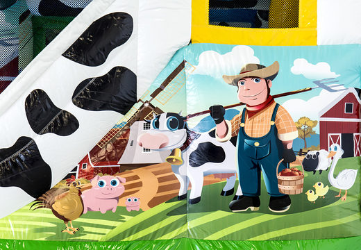 Klein opblaasbaar springkussen met glijbaan kopen in thema boerderij voor kinderen. Bestel opblaasbare springkussens online bij JB Inflatables Nederland