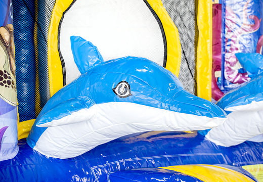 Mini opblaasbare multiplay springkasteel met glijbaan in dolfijn thema te bestellen voor kinderen. Bestel opblaasbare springkastelen online at JB Inflatables Nederland