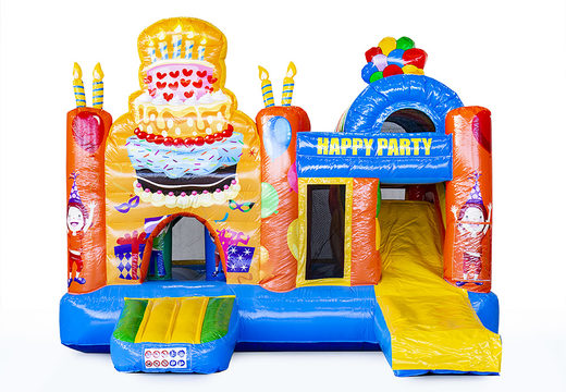 Springkussen in thema party met een glijbaan kopen voor kinderen. Bestel opblaasbare springkussens online bij JB Inflatables Nederland