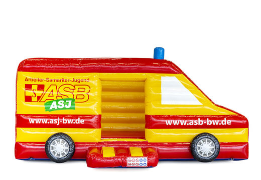 Opblaasbare  Maatwerk ASB- ziekenwagen springkasteel in de vorm van een ziekenwagen bestellen bij JB Inflatables Nederland. Vraag nu gratis ontwerp aan voor opblaasbare luchtkussens in uw aangegeven kleur en logo 