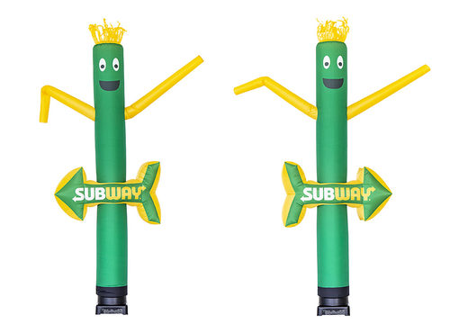 Gepersonaliseerde Subway 3D skydancer met gele piekharen en het 3D object in de vorm van een pijl richting Subway laten bestellen bij JB Promotions Nederland. Promotionele inflatable tubes in alle soorten en maten razendsnel op maat gemaakt
