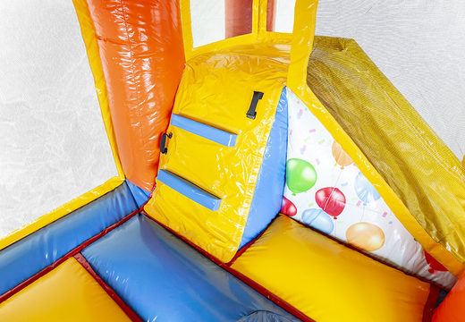 Koop mini opblaasbare multiplay springkasteel in feest thema met glijbaan voor kinderen. Bestel opblaasbare springkastelen online bij JB Inflatables Nederland