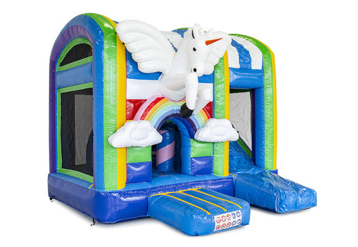 Klein overdekt opblaasbaar multiplay luchtkussen met glijbaan kopen in thema unicorn voor kinderen. Bestel opblaasbare luchtkussens online bij JB Inflatables Nederland