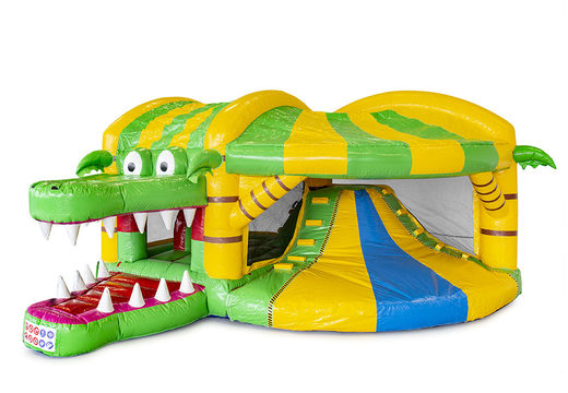 Springkasteel in krokodil thema met glijbaan en met binnenin 3D objecten bestellen voor kinderen.  Koop opblaasbare springkastelen online bij JB Inflatables Nederland