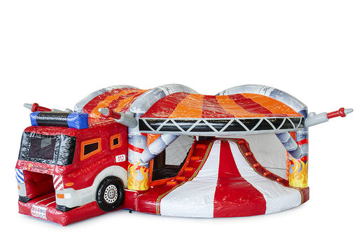Springkussen in brandweer thema met glijbaan en met binnenin 3D objecten bestellen voor kinderen.  Koop opblaasbare springkussens online bij JB Inflatables Nederland
