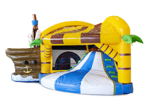 Springkasteel in piraat thema met een glijbaan bestellen voor kinderen. Koop opblaasbare springkastelen online bij JB Inflatables Nederland