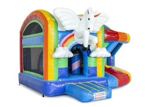 Multiplay unicorn springkasteel met een glijbaan en met binnenin 3D objecten  bestellen voor kids. Koop opblaasbare springkastelen online bij JB Inflatables Nederland