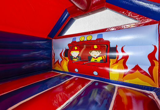 Bestel opblaasbare slide combo brandweer luchtkussen in rood en blauwe kleur voor kinderen. Opblaasbare luchtkussens met glijbaan te koop bij JB Inflatables Nederland