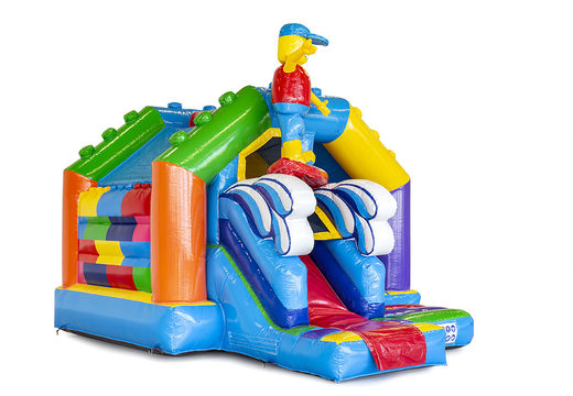 Slide combo opblaasbare springkasteel kopen in lego thema voor kinderen. Koop nu opblaasbare springkastelen met glijbaan bij JB Inflatables Nederland