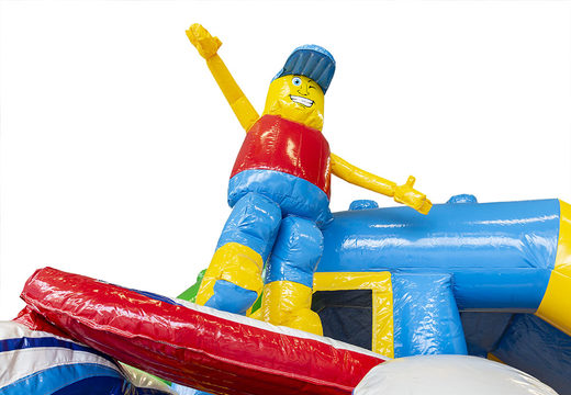 Klein overdekt opblaasbaar multiplay springkasteel met glijbaan kopen in thema superblocks lego voor kinderen.  Bestel nu opblaasbare springkastelen met glijbaan bij JB Inflatables Nederland