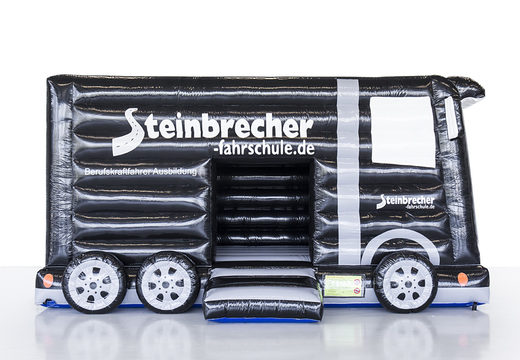 Koop gepersonaliseerde Steinbrecher fashrschule bus springkasteel in zwarte kleur voor evenementen bij JB Promotions Nederland. Promotionele springkastelen in alle soorten en maten razendsnel op maat gemaakt