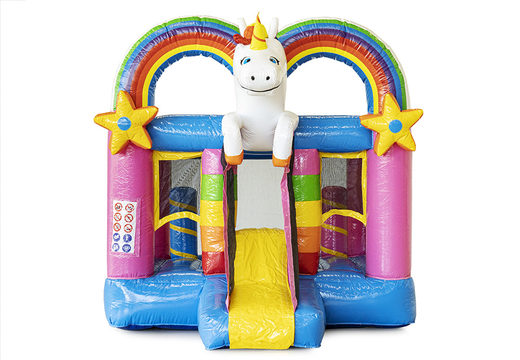 Mini opblaasbare springkasteel met glijbaan en unicorn te koop voor kinderen. Bestel opblaasbare springkastelen online bij JB Inflatables Nederland