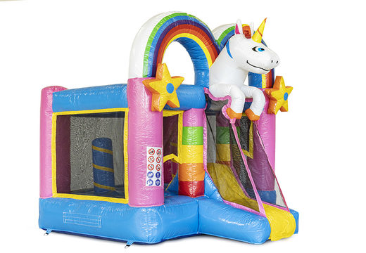 Kleine multiplay opblaasbare springkasteel met glijbaan in unicorn thema te bestellen voor kinderen. Koop opblaasbare springkastelen online bij JB Inflatables Nederland