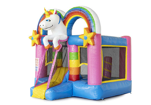 Bestel mini opblaasbare springkasteel met glijbaan in unicorn thema voor kinderen. Koop opblaasbare springkastelen online bij JB Inflatables Nederland