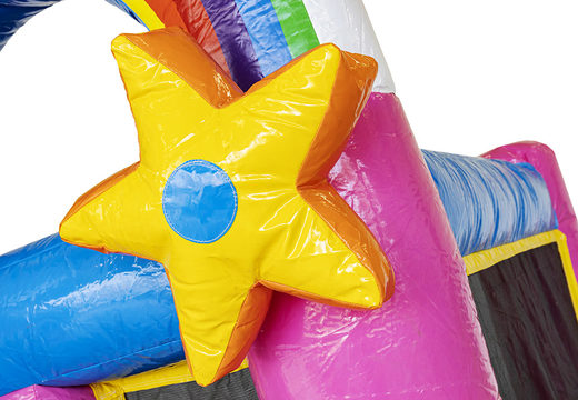 Kleine opblaasbare springkussen met glijbaan in thema unicorn te koop voor kinderen. Bestel opblaasbare springkussens online bij JB Inflatables Nederland