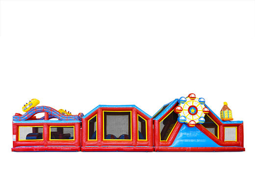 Bestel modulaire 19m lange stormbaan in thema rollercoaster met passende 3D objecten en dubbele parcours in verschillende thema's voor kinderen. Koop opblaasbare stormbanen nu online bij JB Inflatables Nederland