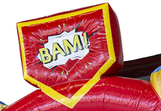 Opblaasbare Hello 29 Slidebox Superhero  springkastelen bestellen bij JB Inflatables Nederland. Vraag nu gratis ontwerp aan voor opblaasbare springkastelen in eigen huisstijl bij JB Promotions
