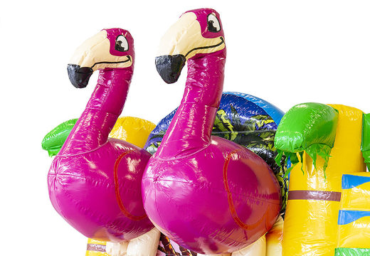Maatwerk  Multiplay springkastelen Flamingo zijn perfect voor de camping. Bestel op maat gemaakte springkastelen bij JB Promotions Nederland