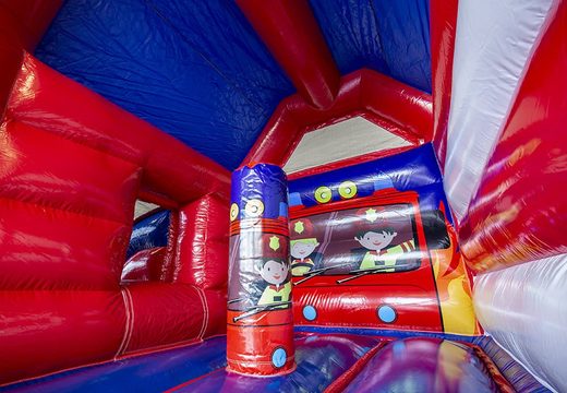 Midi overdekt multifun springkasteel met glijbaan kopen in thema brandweer voor kinderen. Koop springkastelen online bij JB Inflatables Nederland