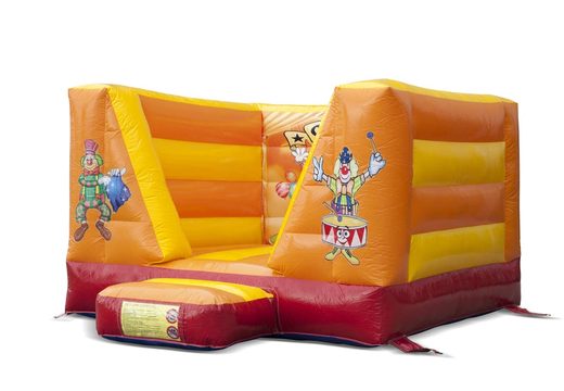 Klein open springkasteel te koop in oranje circus thema voor kinderen. Bestel springkastelen  online bij JB Inflatables Nederland