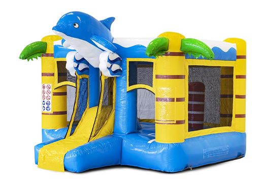 Mini multiplay springkasteel met glijbaan in blauwe dolfijn thema te koop voor kinderen. Bestel online opblaasbare springkastelen bij JB Inflatables Nederland