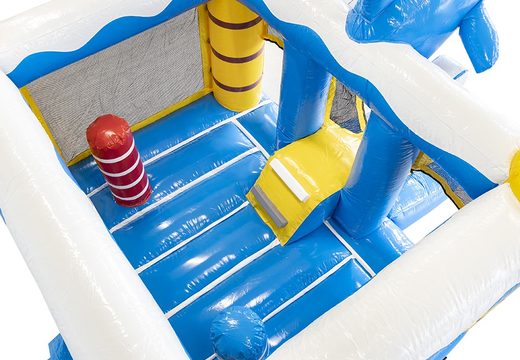 Mini multiplay springkasteel met glijbaan in blauwe dolfijn thema te bestellen voor kinderen. Koop online opblaasbare springkastelen bij JB Inflatables Nederland