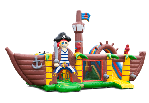 Groot opblaasbaar overdekt multiplay springkussen met slide kopen in thema xxl piraat voor kinderen. Bestel springkussens online bij JB Inflatables Nederland
